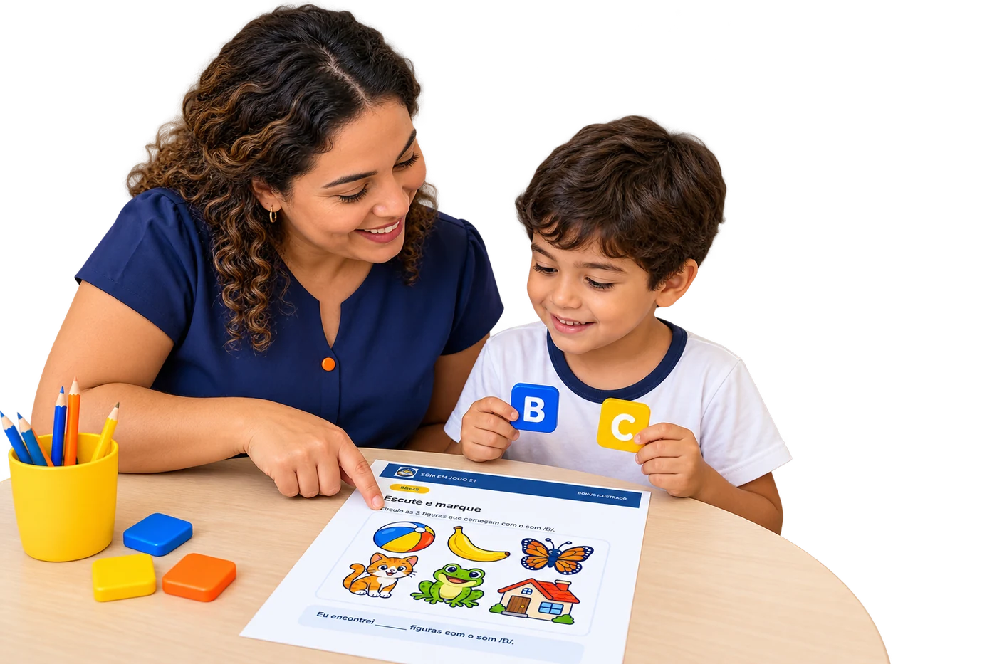 Professora aplicando uma atividade de consciência fonológica